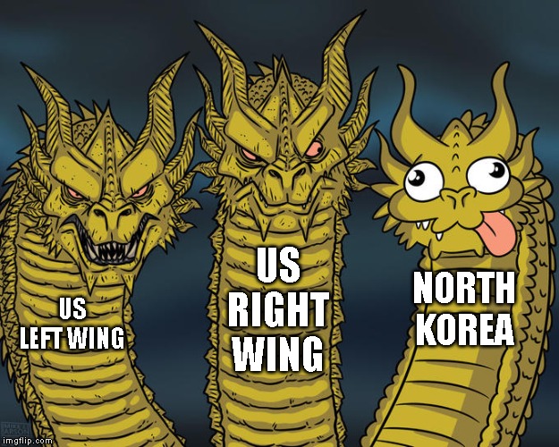 Let's honor that constitution and remember our REAL enemies mmk? Happy 4th! | US RIGHT WING; NORTH KOREA; US LEFT WING | image tagged in two dragons one dumbass | made w/ Imgflip meme maker
