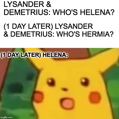 Surprised Pikachu | LYSANDER & DEMETRIUS: WHO'S HELENA? (1 DAY LATER) LYSANDER & DEMETRIUS: WHO'S HERMIA? (1 DAY LATER) HELENA: | image tagged in memes,surprised pikachu | made w/ Imgflip meme maker