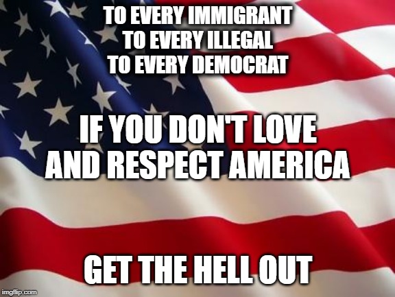 Love America or leave | TO EVERY IMMIGRANT
TO EVERY ILLEGAL
TO EVERY DEMOCRAT; IF YOU DON'T LOVE AND RESPECT AMERICA; GET THE HELL OUT | image tagged in american flag,illegals,immigrants,leave,de,democrats | made w/ Imgflip meme maker