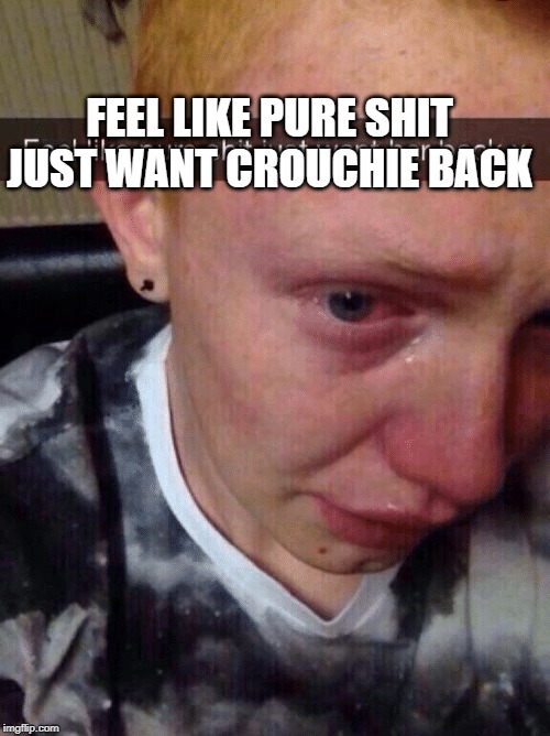 feel like pure shit | FEEL LIKE PURE SHIT JUST WANT CROUCHIE BACK | image tagged in feel like pure shit | made w/ Imgflip meme maker