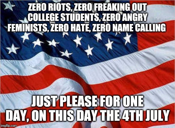 Happy 4th | ZERO RIOTS, ZERO FREAKING OUT COLLEGE STUDENTS, ZERO ANGRY FEMINISTS, ZERO HATE, ZERO NAME CALLING; JUST PLEASE FOR ONE DAY, ON THIS DAY THE 4TH JULY | image tagged in usa flag | made w/ Imgflip meme maker
