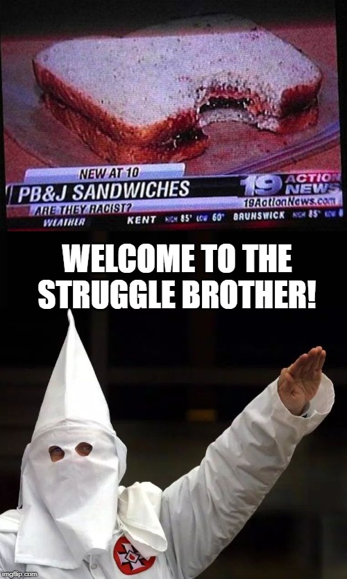 Peanuts do Come from the South... | WELCOME TO THE STRUGGLE BROTHER! | image tagged in kkk | made w/ Imgflip meme maker