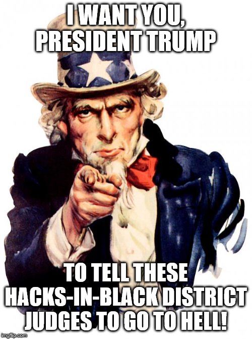 Uncle Sam | I WANT YOU, PRESIDENT TRUMP; TO TELL THESE HACKS-IN-BLACK DISTRICT JUDGES TO GO TO HELL! | image tagged in memes,uncle sam | made w/ Imgflip meme maker