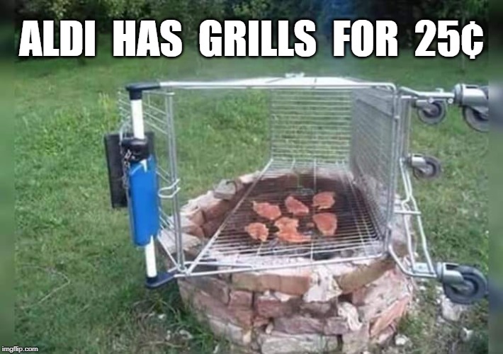Grillin Out | ALDI  HAS  GRILLS  FOR  25¢ | image tagged in grill | made w/ Imgflip meme maker