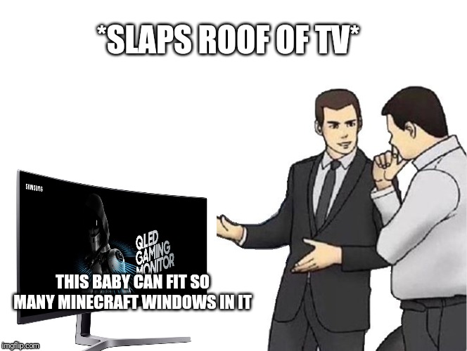 Car Salesman Slaps Hood | *SLAPS ROOF OF TV*; THIS BABY CAN FIT SO MANY MINECRAFT WINDOWS IN IT | image tagged in memes,car salesman slaps hood | made w/ Imgflip meme maker