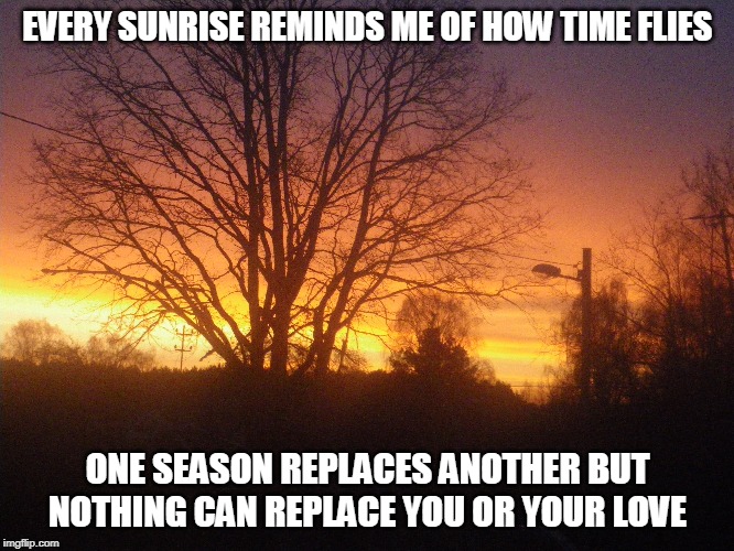 Every Sunrise | EVERY SUNRISE REMINDS ME OF HOW TIME FLIES; ONE SEASON REPLACES ANOTHER BUT NOTHING CAN REPLACE YOU OR YOUR LOVE | image tagged in sunrises,seasons,love,time | made w/ Imgflip meme maker