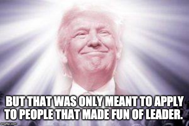 BUT THAT WAS ONLY MEANT TO APPLY TO PEOPLE THAT MADE FUN OF LEADER. | image tagged in trump as he sees himself | made w/ Imgflip meme maker
