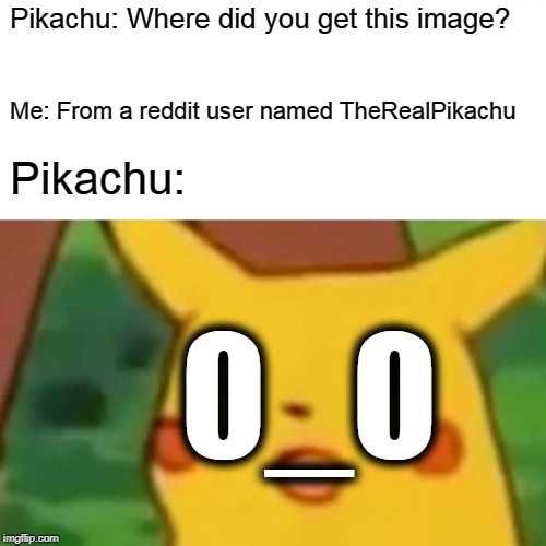 Surprised Pikachu | Pikachu: Where did you get this image? Me: From a reddit user named TheRealPikachu; Pikachu:; 0_0 | image tagged in memes,surprised pikachu | made w/ Imgflip meme maker