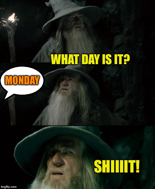 Confused Gandalf Meme | WHAT DAY IS IT? MONDAY SHIIIIT! | image tagged in memes,confused gandalf | made w/ Imgflip meme maker