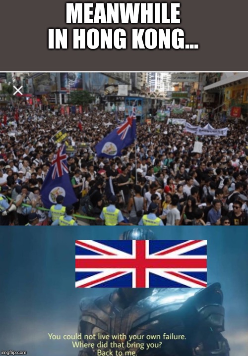 Hong Kong wants the UK back. | MEANWHILE IN HONG KONG... | image tagged in thanos you could not live with your own failure | made w/ Imgflip meme maker
