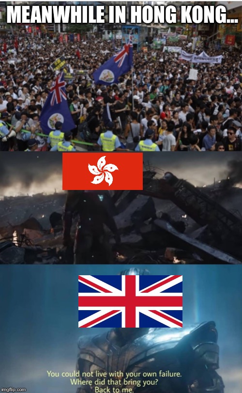 Hong Kong wanting the UK back. | MEANWHILE IN HONG KONG... | image tagged in thanos you could not live with your own failure | made w/ Imgflip meme maker