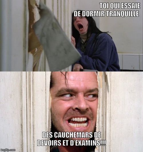 Jack Torrance axe shining | TOI QUI ESSAIE DE DORMIR TRANQUILLE; DES CAUCHEMARS DE DEVOIRS ET D’EXAMINS!!! | image tagged in jack torrance axe shining | made w/ Imgflip meme maker