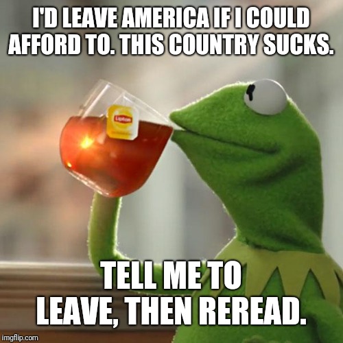 But That's None Of My Business | I'D LEAVE AMERICA IF I COULD AFFORD TO. THIS COUNTRY SUCKS. TELL ME TO LEAVE, THEN REREAD. | image tagged in memes,but thats none of my business,kermit the frog | made w/ Imgflip meme maker