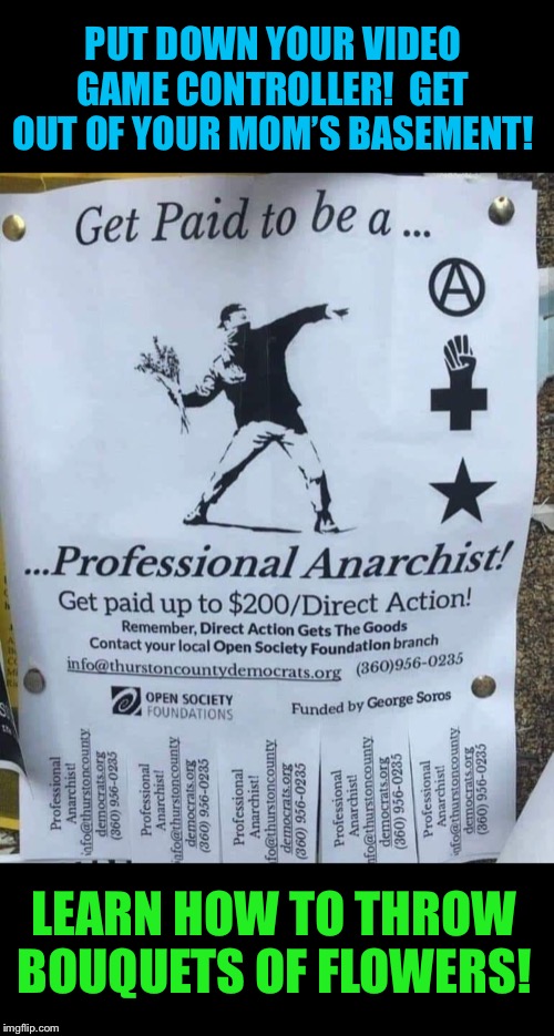 Get paid to be an embarrassment to society! | PUT DOWN YOUR VIDEO GAME CONTROLLER!  GET OUT OF YOUR MOM’S BASEMENT! LEARN HOW TO THROW BOUQUETS OF FLOWERS! | image tagged in anarchist,employment,advertisement,propaganda,liberal logic,special kind of stupid | made w/ Imgflip meme maker