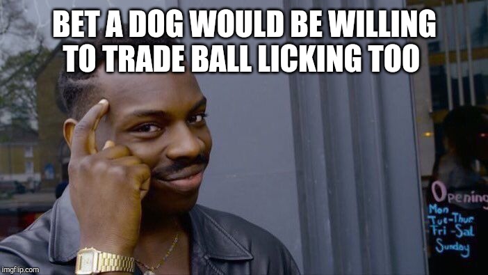 Roll Safe Think About It Meme | BET A DOG WOULD BE WILLING TO TRADE BALL LICKING TOO | image tagged in memes,roll safe think about it | made w/ Imgflip meme maker