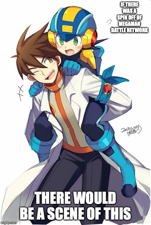Megaman With Adult Lan | IF THERE WAS A SPIN OFF OF MEGAMAN BATTLE NETWORK; THERE WOULD BE A SCENE OF THIS | image tagged in lan hikari,megaman,megaman nt warrior,memes,gaming | made w/ Imgflip meme maker
