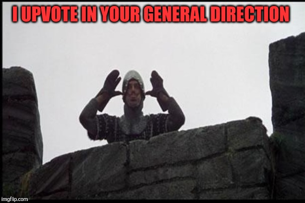 French Taunting in Monty Python's Holy Grail | I UPVOTE IN YOUR GENERAL DIRECTION | image tagged in french taunting in monty python's holy grail | made w/ Imgflip meme maker