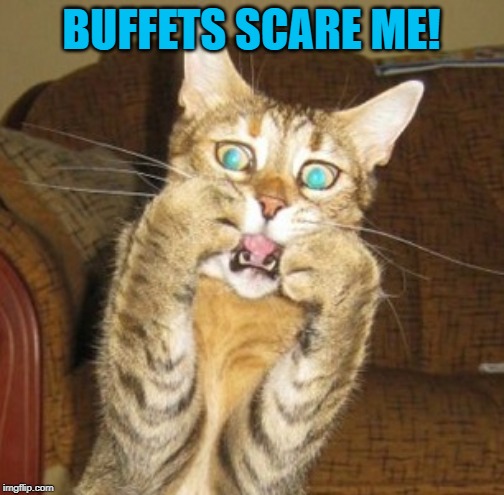 Scared cat | BUFFETS SCARE ME! | image tagged in scared cat | made w/ Imgflip meme maker
