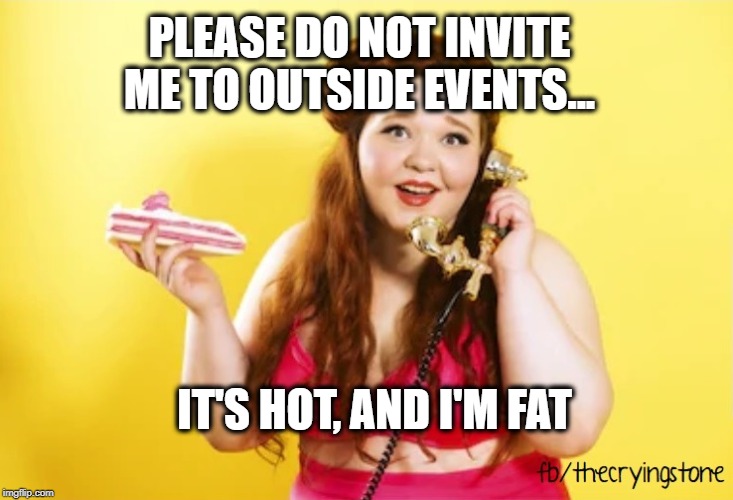 PLEASE DO NOT INVITE ME TO OUTSIDE EVENTS... IT'S HOT, AND I'M FAT | image tagged in hot,fat | made w/ Imgflip meme maker
