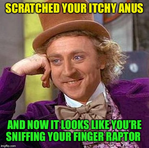 Creepy Condescending Wonka Meme | SCRATCHED YOUR ITCHY ANUS AND NOW IT LOOKS LIKE YOU’RE SNIFFING YOUR FINGER RAPTOR | image tagged in memes,creepy condescending wonka | made w/ Imgflip meme maker