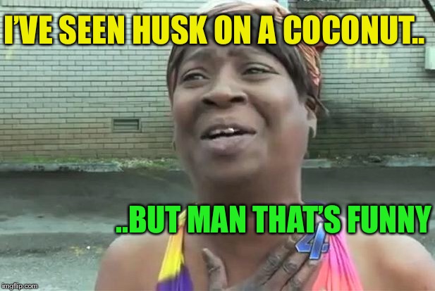 Sweet Brown | I’VE SEEN HUSK ON A COCONUT.. ..BUT MAN THAT’S FUNNY | image tagged in sweet brown | made w/ Imgflip meme maker