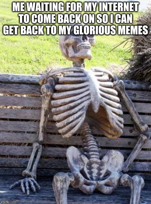 Me, this morning. THE PAIN!! | ME WAITING FOR MY INTERNET TO COME BACK ON SO I CAN GET BACK TO MY GLORIOUS MEMES | image tagged in memes,waiting skeleton | made w/ Imgflip meme maker
