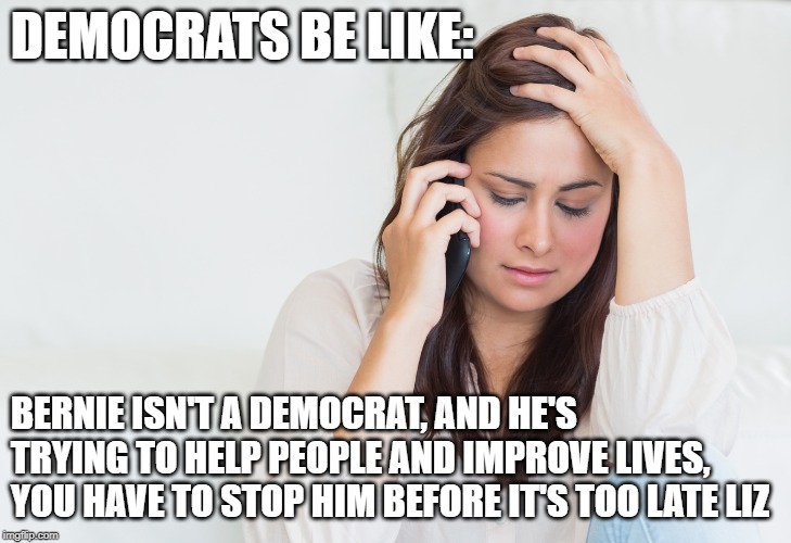 DEMOCRATS BE LIKE:; BERNIE ISN'T A DEMOCRAT, AND HE'S TRYING TO HELP PEOPLE AND IMPROVE LIVES, YOU HAVE TO STOP HIM BEFORE IT'S TOO LATE LIZ | made w/ Imgflip meme maker