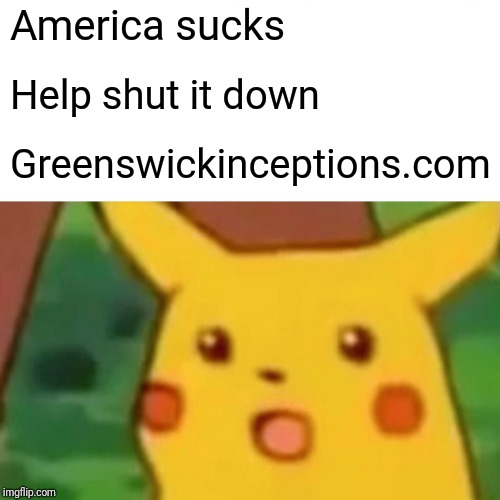 Surprised Pikachu | America sucks; Help shut it down; Greenswickinceptions.com | image tagged in memes,surprised pikachu | made w/ Imgflip meme maker