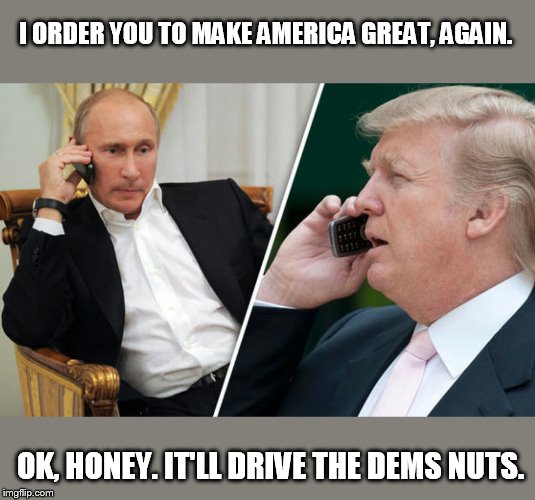 Why the dems want America to fail. | I ORDER YOU TO MAKE AMERICA GREAT, AGAIN. OK, HONEY. IT'LL DRIVE THE DEMS NUTS. | image tagged in putin/trump phone call | made w/ Imgflip meme maker