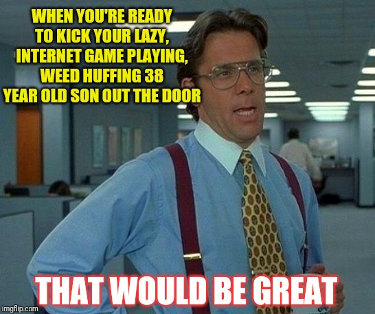 That Would Be Great | WHEN YOU'RE READY TO KICK YOUR LAZY, INTERNET GAME PLAYING, WEED HUFFING 38 YEAR OLD SON OUT THE DOOR; THAT WOULD BE GREAT | image tagged in memes,that would be great | made w/ Imgflip meme maker