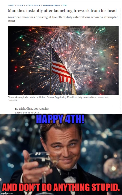 Where there are fireworks and alcohol, there are stupid people. Stay safe out there! | HAPPY 4TH! AND DON'T DO ANYTHING STUPID. | image tagged in memes,leonardo dicaprio cheers,nixieknox | made w/ Imgflip meme maker