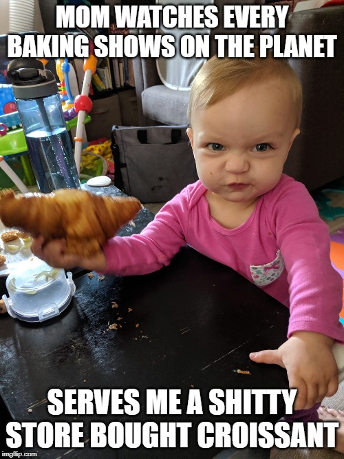 My niece is the best | MOM WATCHES EVERY BAKING SHOWS ON THE PLANET; SERVES ME A SHITTY STORE BOUGHT CROISSANT | image tagged in croissant,baking,baker,angry baby,funny,funny meme | made w/ Imgflip meme maker