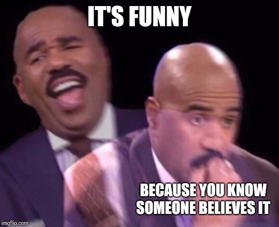 Steve Harvey Laughing Serious | IT'S FUNNY BECAUSE YOU KNOW SOMEONE BELIEVES IT | image tagged in steve harvey laughing serious | made w/ Imgflip meme maker