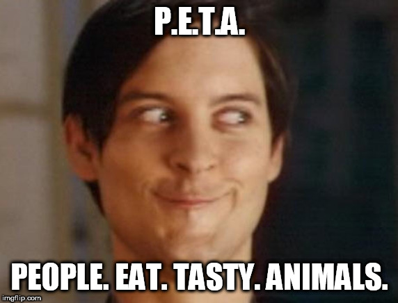 PETA | P.E.T.A. PEOPLE. EAT. TASTY. ANIMALS. | image tagged in memes,spiderman peter parker,peta | made w/ Imgflip meme maker