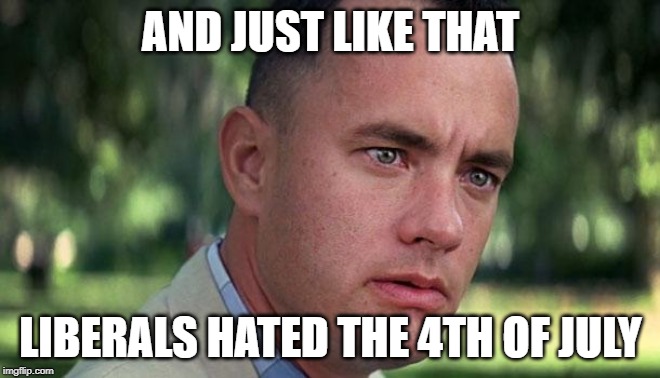Forest Gump | AND JUST LIKE THAT; LIBERALS HATED THE 4TH OF JULY | image tagged in forest gump | made w/ Imgflip meme maker