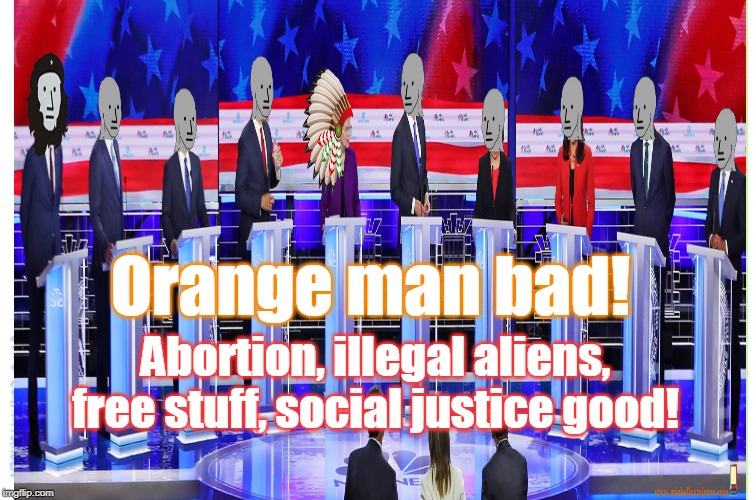 2020 Democratic presidential debates summarized in one image. | Orange man bad! Abortion, illegal aliens, free stuff, social justice good! | image tagged in npc,social justice,socialism,democrat debate,pocahontas,memes | made w/ Imgflip meme maker