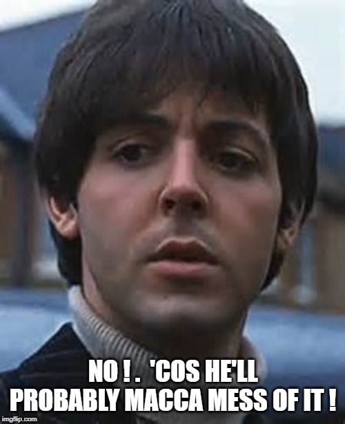 Confused Paul McCartney | NO ! .  'COS HE'LL PROBABLY MACCA MESS OF IT ! | image tagged in confused paul mccartney | made w/ Imgflip meme maker