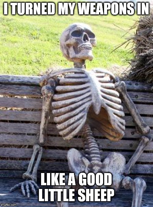 Waiting Skeleton Meme | I TURNED MY WEAPONS IN LIKE A GOOD LITTLE SHEEP | image tagged in memes,waiting skeleton | made w/ Imgflip meme maker