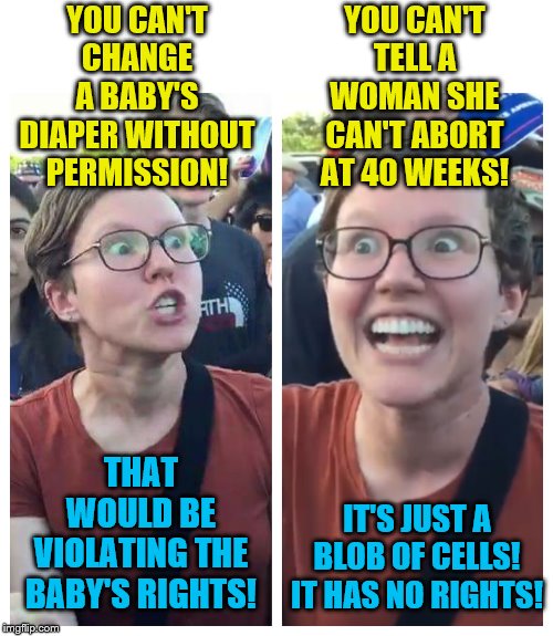 Does a new born have rights or not? | YOU CAN'T CHANGE A BABY'S DIAPER WITHOUT PERMISSION! YOU CAN'T TELL A WOMAN SHE CAN'T ABORT AT 40 WEEKS! IT'S JUST A BLOB OF CELLS! IT HAS NO RIGHTS! THAT WOULD BE VIOLATING THE BABY'S RIGHTS! | image tagged in social justice warrior hypocrisy,babies,women rights | made w/ Imgflip meme maker