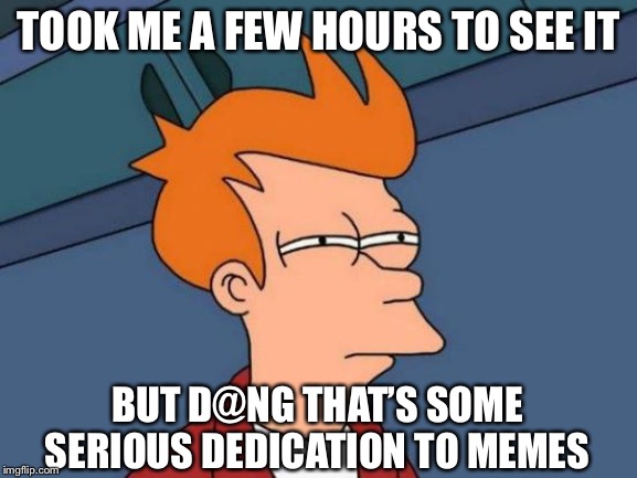 Futurama Fry Meme | TOOK ME A FEW HOURS TO SEE IT BUT D@NG THAT’S SOME SERIOUS DEDICATION TO MEMES | image tagged in memes,futurama fry | made w/ Imgflip meme maker