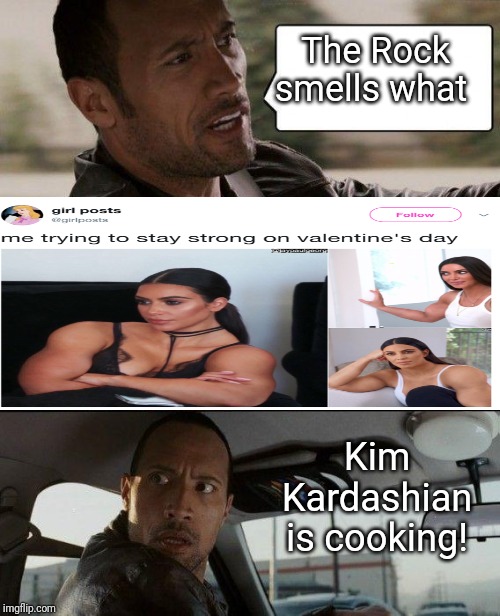 The Rock Driving Meme | The Rock smells what; Kim Kardashian is cooking! | image tagged in memes,the rock driving,dwayne johnson,muscles,funny gifs | made w/ Imgflip meme maker