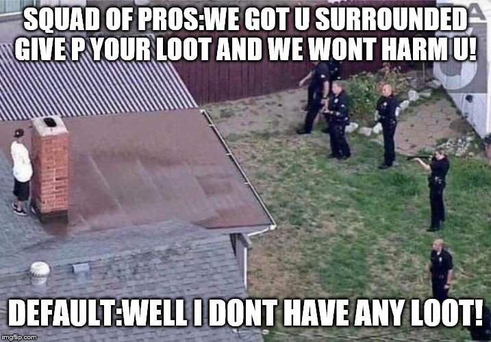 Fortnite meme | SQUAD OF PROS:WE GOT U SURROUNDED GIVE P YOUR LOOT AND WE WONT HARM U! DEFAULT:WELL I DONT HAVE ANY LOOT! | image tagged in fortnite meme | made w/ Imgflip meme maker