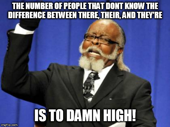 Too Damn High Meme | THE NUMBER OF PEOPLE THAT DONT KNOW THE DIFFERENCE BETWEEN THERE, THEIR, AND THEY'RE; IS TO DAMN HIGH! | image tagged in memes,too damn high | made w/ Imgflip meme maker