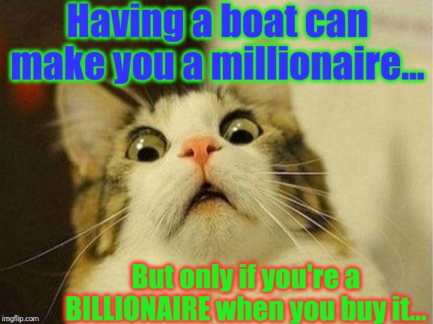 Scared Cat Meme | Having a boat can make you a millionaire... But only if you're a BILLIONAIRE when you buy it... | image tagged in memes,scared cat | made w/ Imgflip meme maker