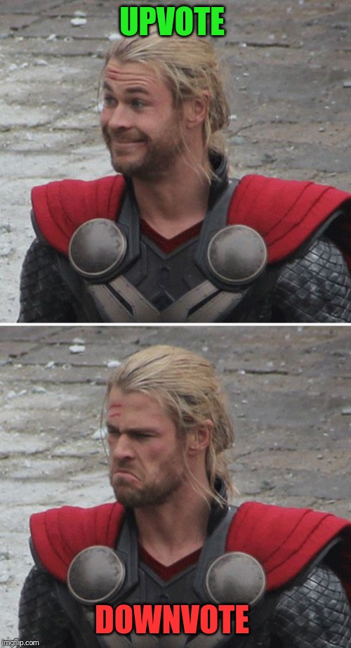 Thor happy then sad | UPVOTE; DOWNVOTE | image tagged in thor happy then sad | made w/ Imgflip meme maker