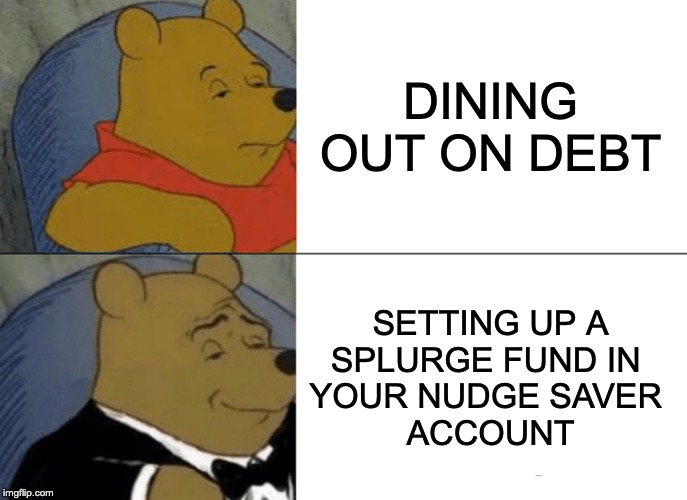 Tuxedo Winnie The Pooh | DINING OUT ON DEBT; SETTING UP A
SPLURGE FUND IN 
YOUR NUDGE SAVER 
ACCOUNT | image tagged in memes,tuxedo winnie the pooh | made w/ Imgflip meme maker