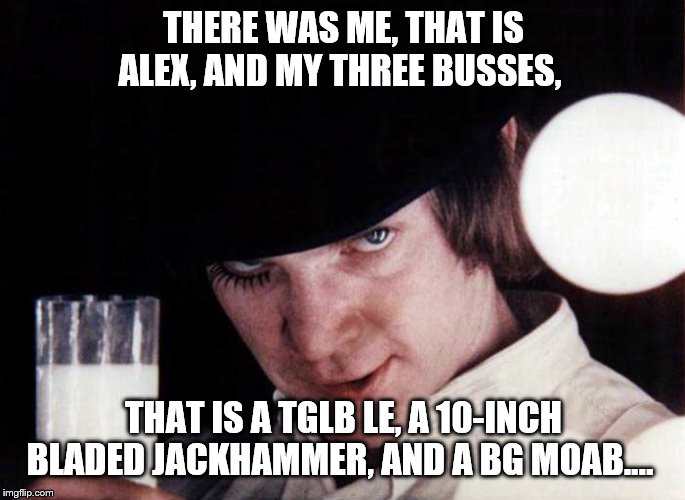 clockwork orange | THERE WAS ME, THAT IS ALEX, AND MY THREE BUSSES, THAT IS A TGLB LE, A 10-INCH BLADED JACKHAMMER, AND A BG MOAB…. | image tagged in clockwork orange | made w/ Imgflip meme maker