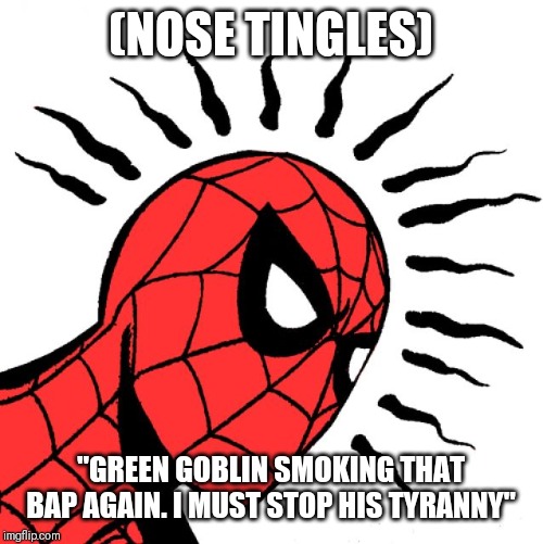 spider sense | (NOSE TINGLES); "GREEN GOBLIN SMOKING THAT BAP AGAIN. I MUST STOP HIS TYRANNY" | image tagged in spider sense | made w/ Imgflip meme maker