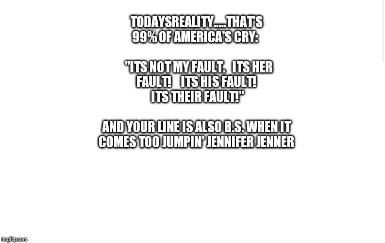 Blank meme template | TODAYSREALITY.....THAT'S 99% OF AMERICA'S CRY:                   
  "ITS NOT MY FAULT.   ITS HER FAULT!    ITS HIS FAULT!    ITS THEIR FAULT | image tagged in blank meme template | made w/ Imgflip meme maker