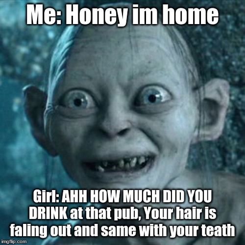 Gollum Meme | Me: Honey im home; Girl: AHH HOW MUCH DID YOU DRINK at that pub, Your hair is faling out and same with your teath | image tagged in memes,gollum | made w/ Imgflip meme maker